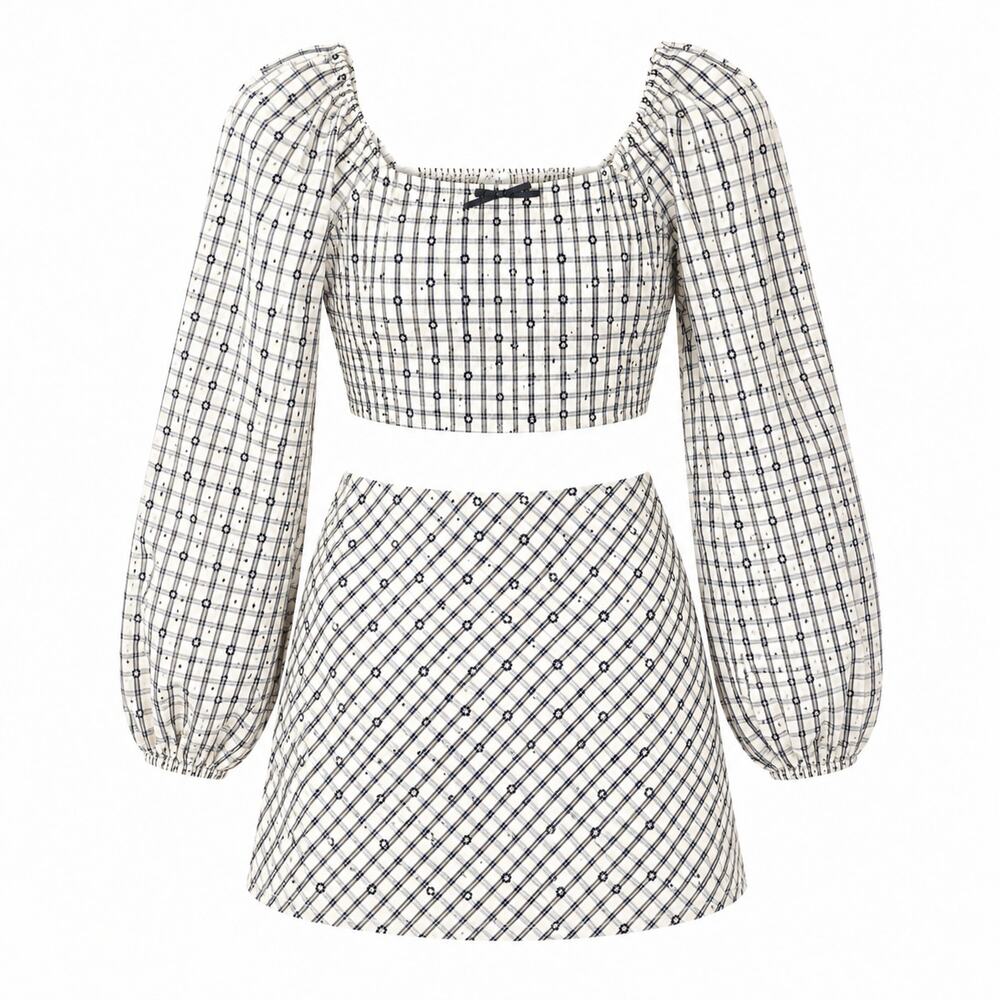 NWT Le Lis Plaid Embroidered Matching Set M